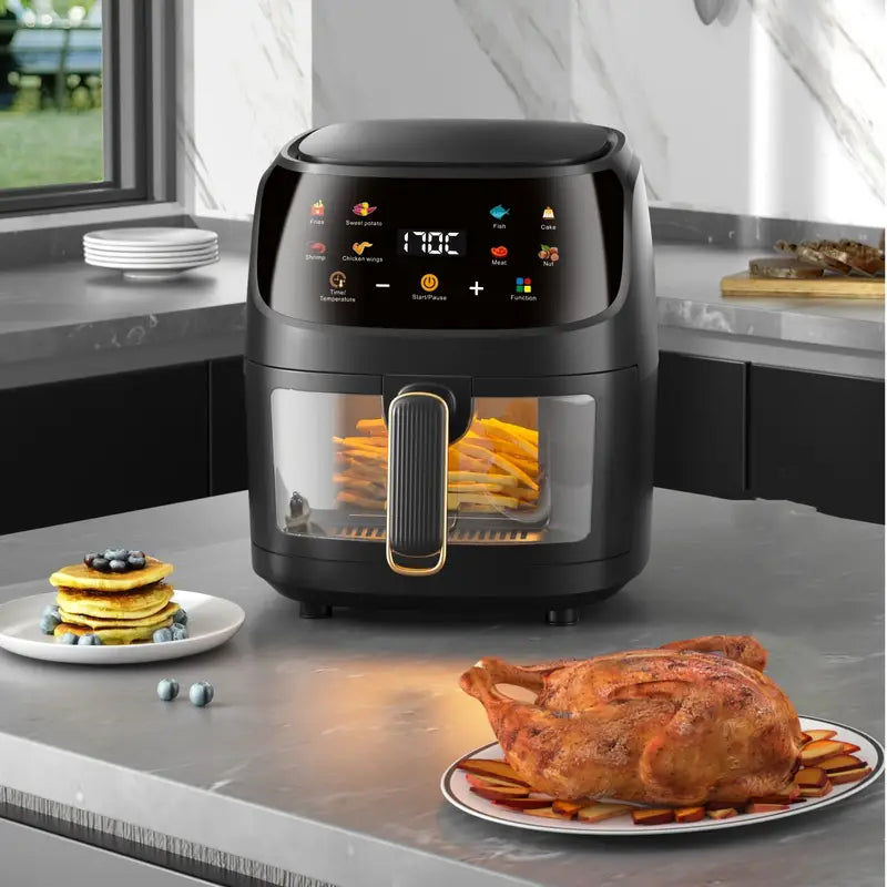 6L Large Capacity Visual Air Fryer with Color Touch Screen - Gray-Black-1